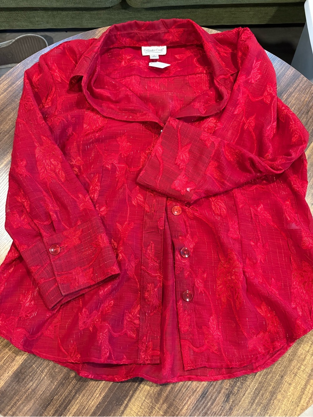 Coldwater Creek Red Textured Button-Down Shirt